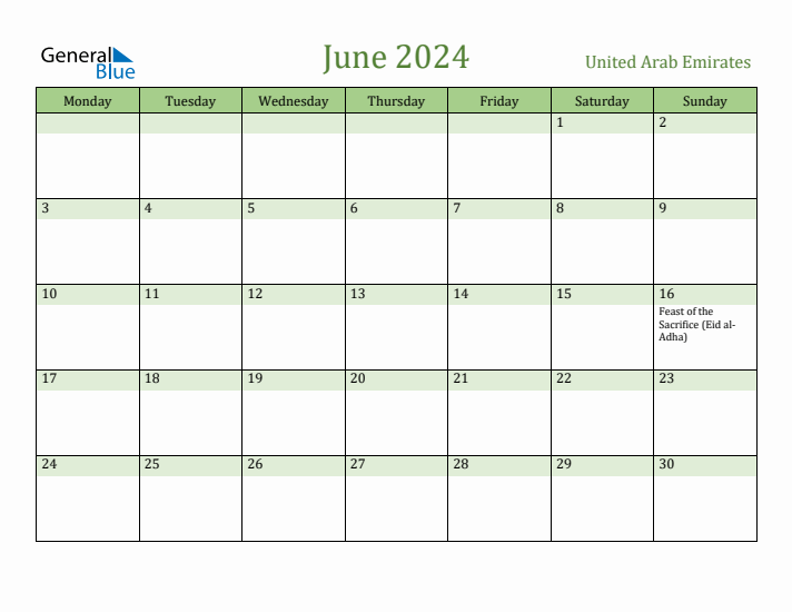 June 2024 Calendar with United Arab Emirates Holidays