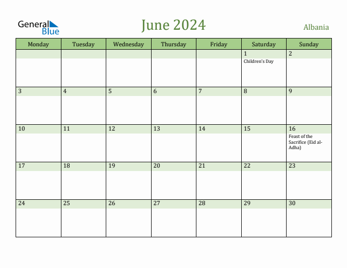 June 2024 Calendar with Albania Holidays