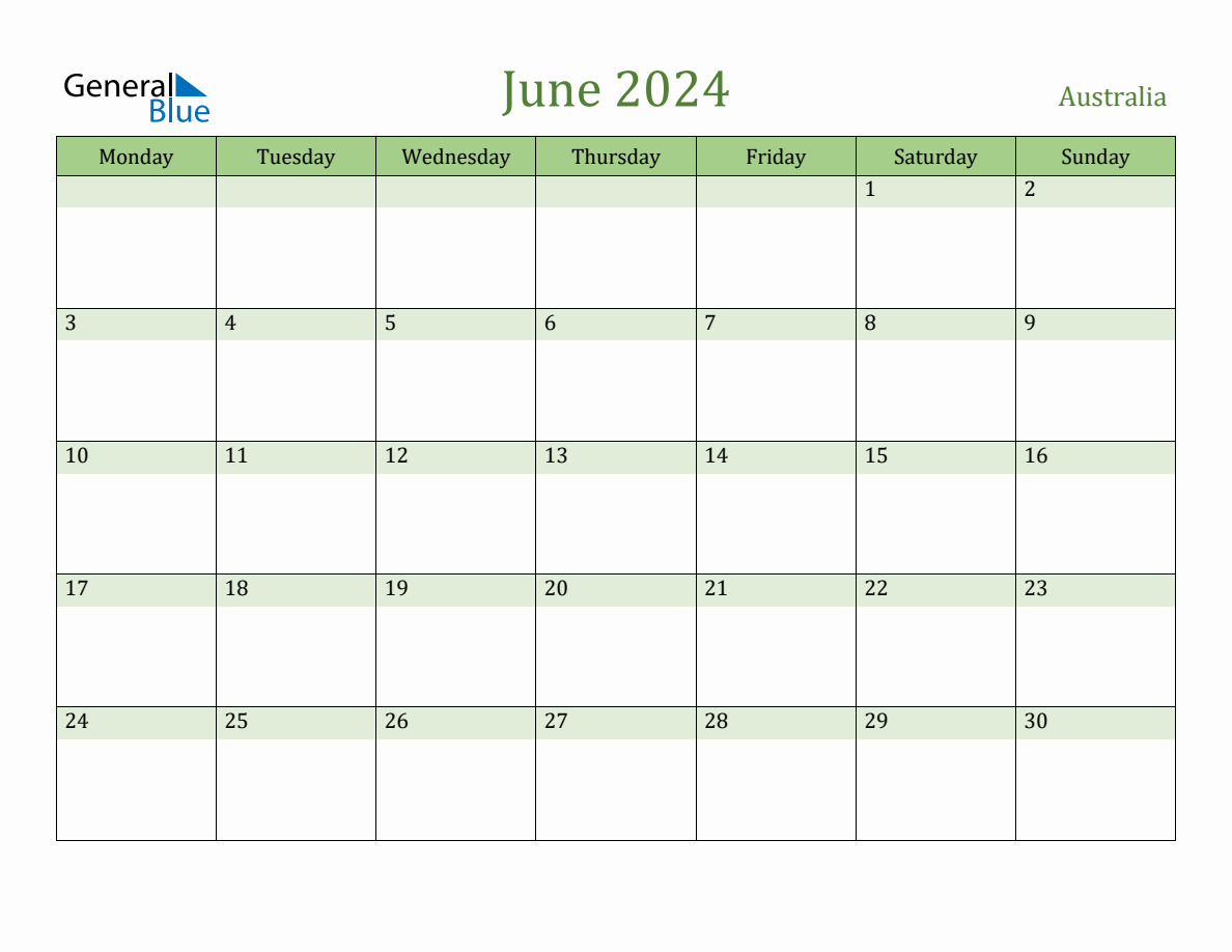 Fillable Holiday Calendar for Australia June 2024