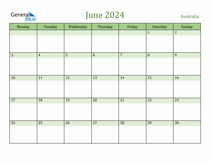 June 2024 Australia Monthly Calendar with Holidays