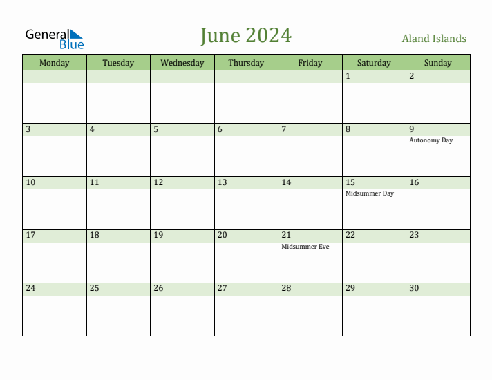 June 2024 Calendar with Aland Islands Holidays