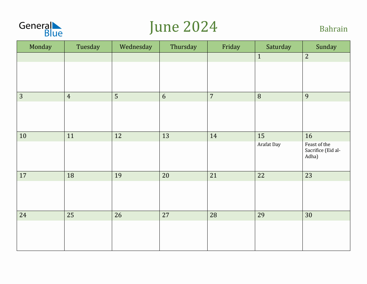 Fillable Holiday Calendar for Bahrain June 2024