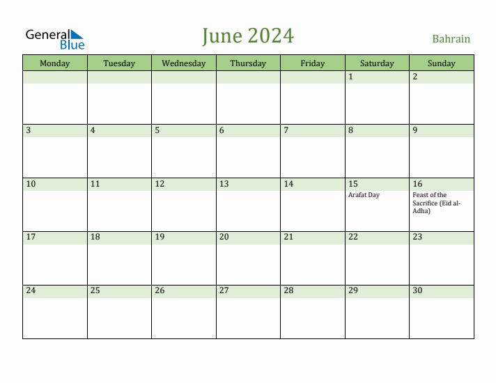 June 2024 Calendar with Bahrain Holidays