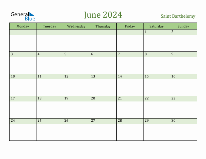 June 2024 Calendar with Saint Barthelemy Holidays