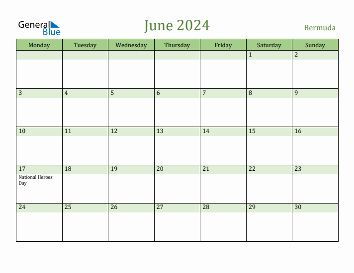 June 2024 Calendar with Bermuda Holidays