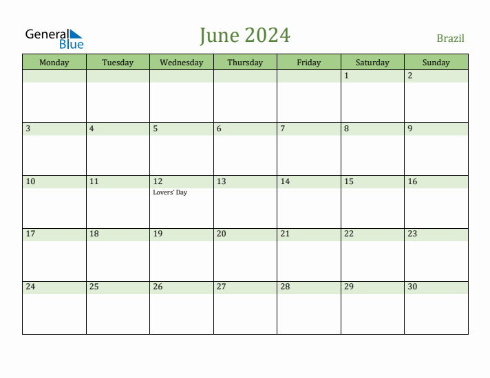 Fillable Holiday Calendar for Brazil June 2024