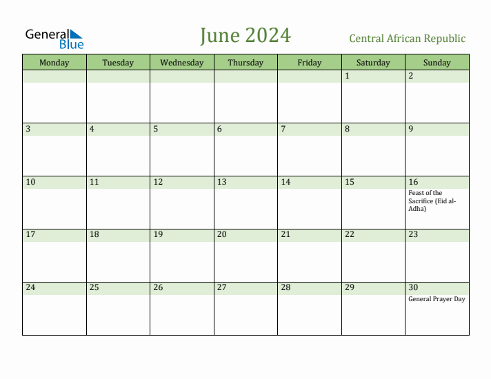 June 2024 Calendar with Central African Republic Holidays