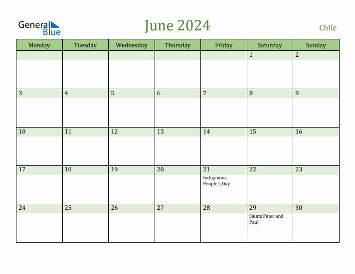 June 2024 Calendar with Chile Holidays