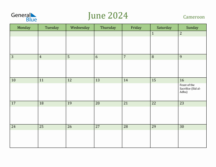 June 2024 Calendar with Cameroon Holidays