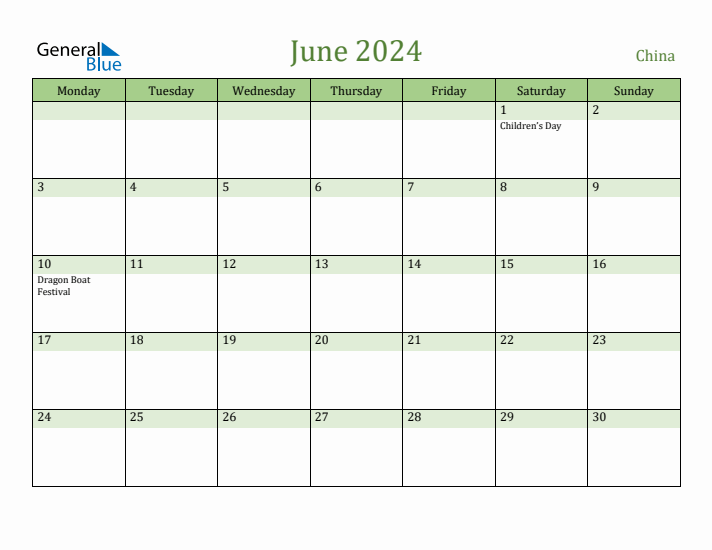 June 2024 China Monthly Calendar with Holidays