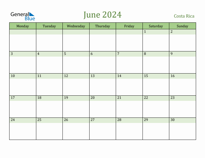 June 2024 Calendar with Costa Rica Holidays
