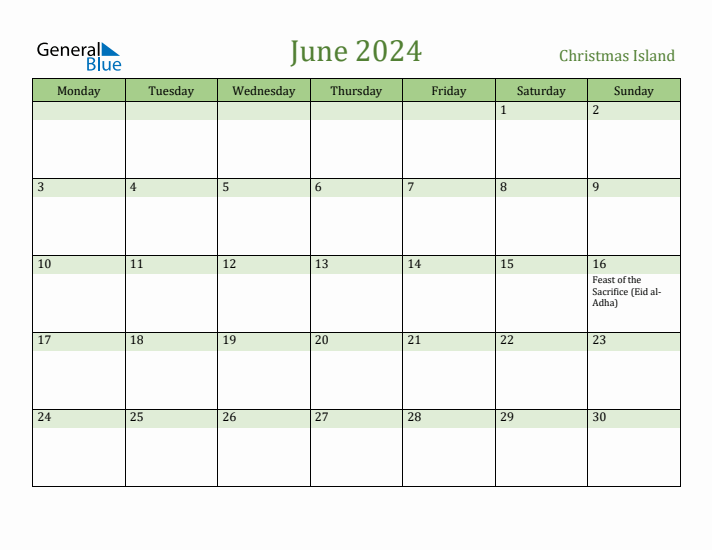 June 2024 Calendar with Christmas Island Holidays