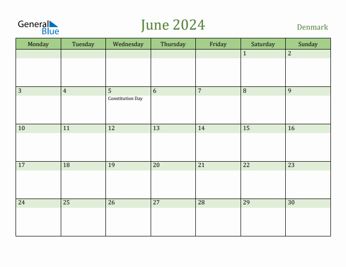 June 2024 Calendar with Denmark Holidays
