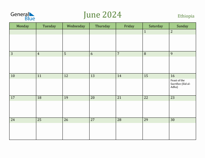 June 2024 Calendar with Ethiopia Holidays