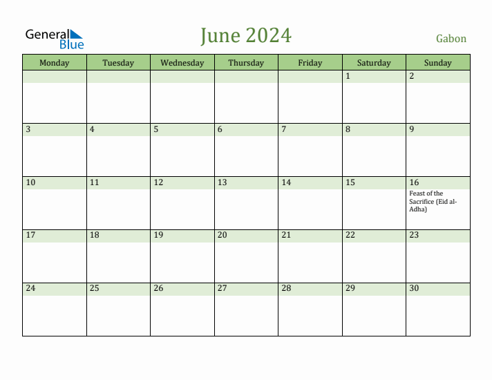 June 2024 Calendar with Gabon Holidays
