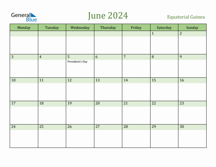June 2024 Calendar with Equatorial Guinea Holidays