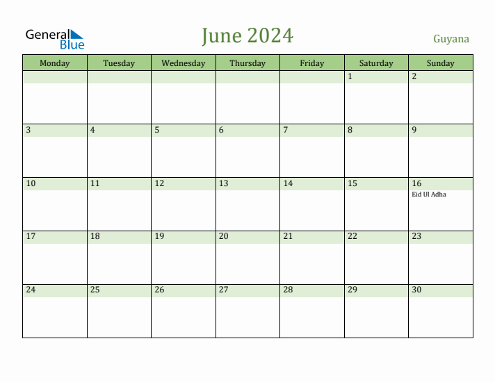 June 2024 Calendar with Guyana Holidays