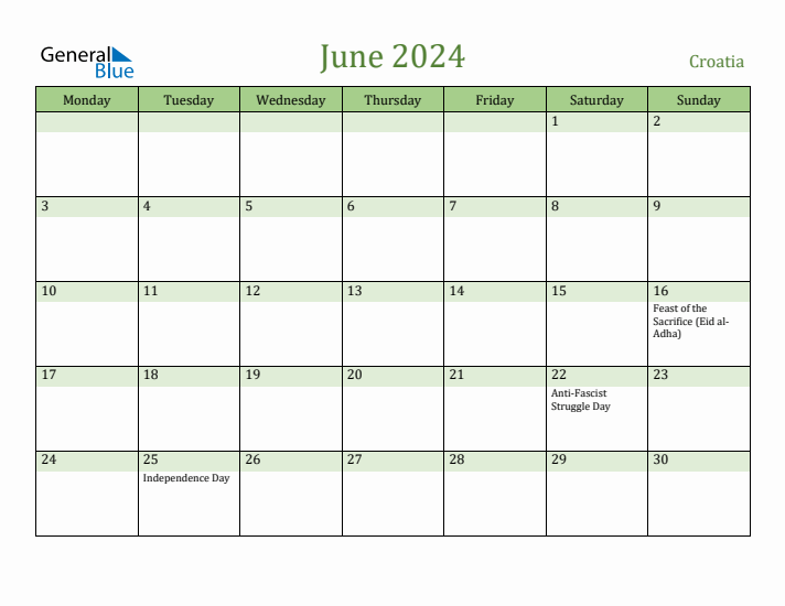 June 2024 Calendar with Croatia Holidays
