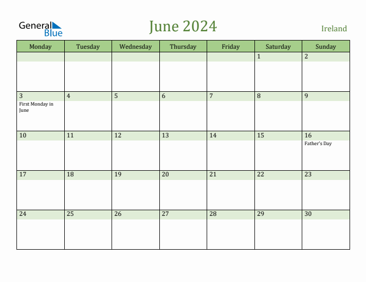June 2024 Calendar with Ireland Holidays