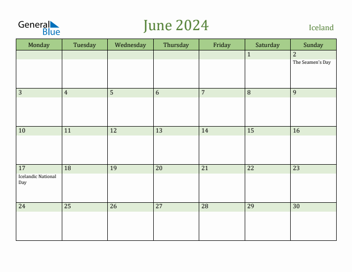 June 2024 Calendar with Iceland Holidays