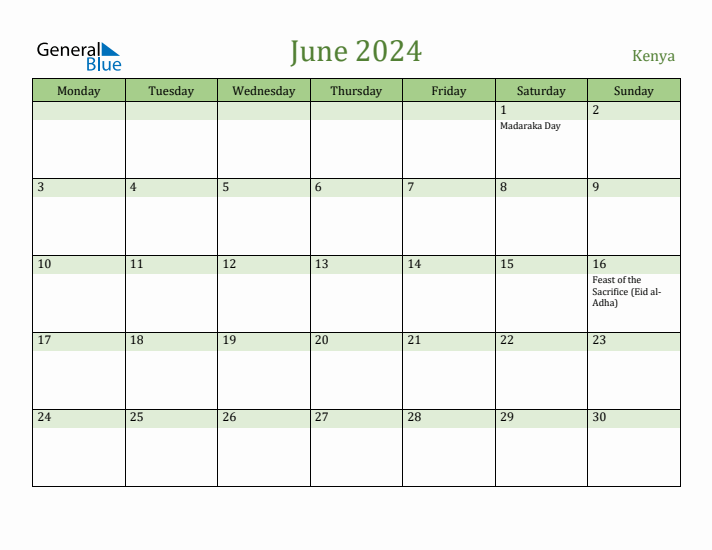 June 2024 Calendar with Kenya Holidays