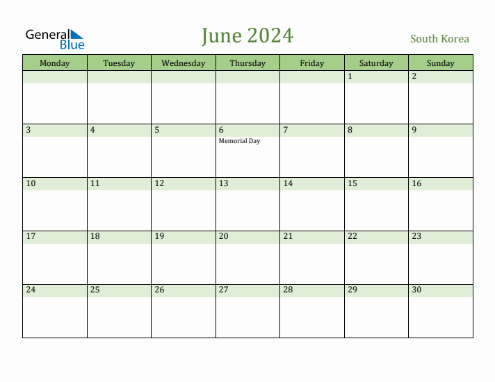 June 2024 Calendar with South Korea Holidays