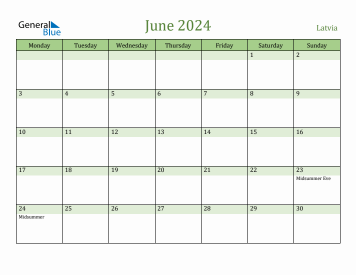 June 2024 Calendar with Latvia Holidays