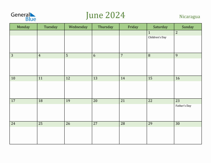 June 2024 Calendar with Nicaragua Holidays