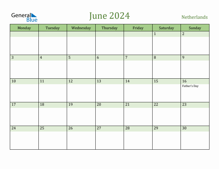 June 2024 Calendar with The Netherlands Holidays