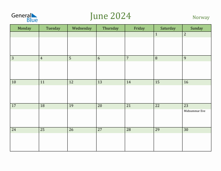 June 2024 Calendar with Norway Holidays