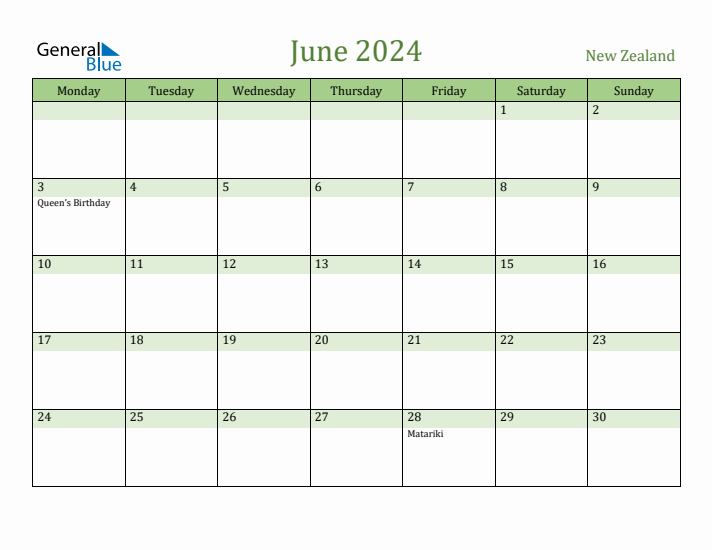 June 2024 Calendar with New Zealand Holidays