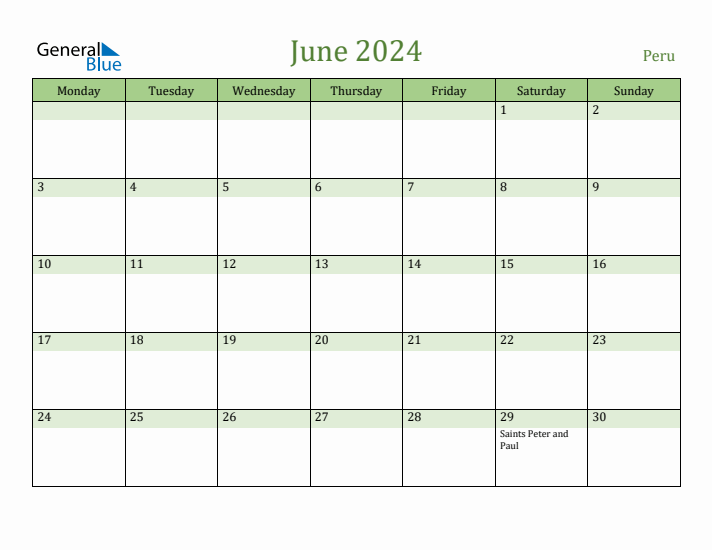 June 2024 Calendar with Peru Holidays