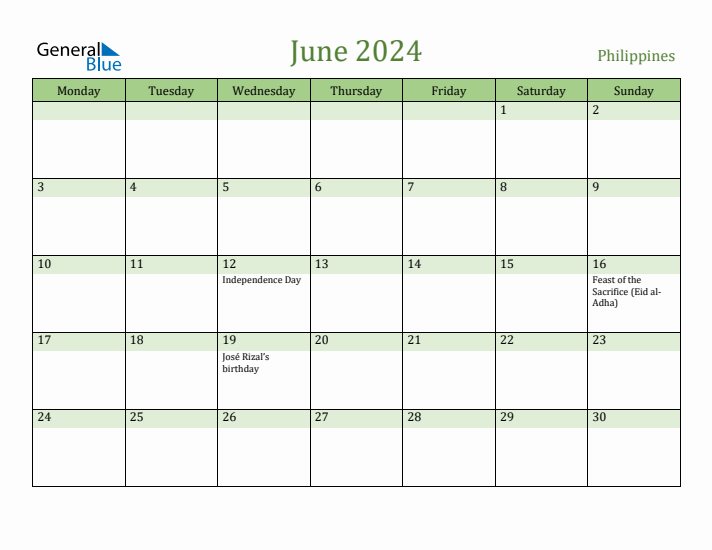June 2024 Calendar with Philippines Holidays