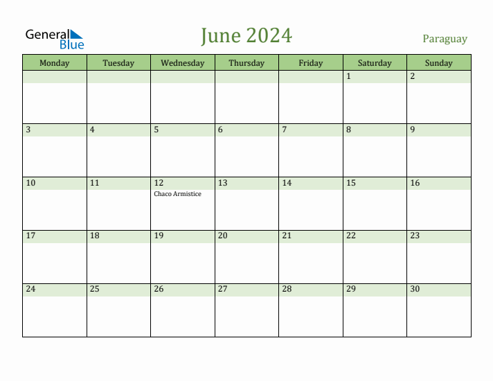 June 2024 Calendar with Paraguay Holidays