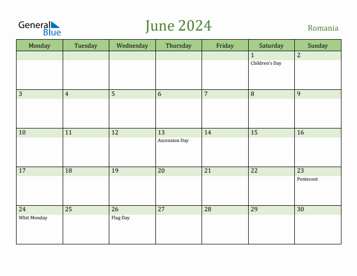 June 2024 Calendar with Romania Holidays