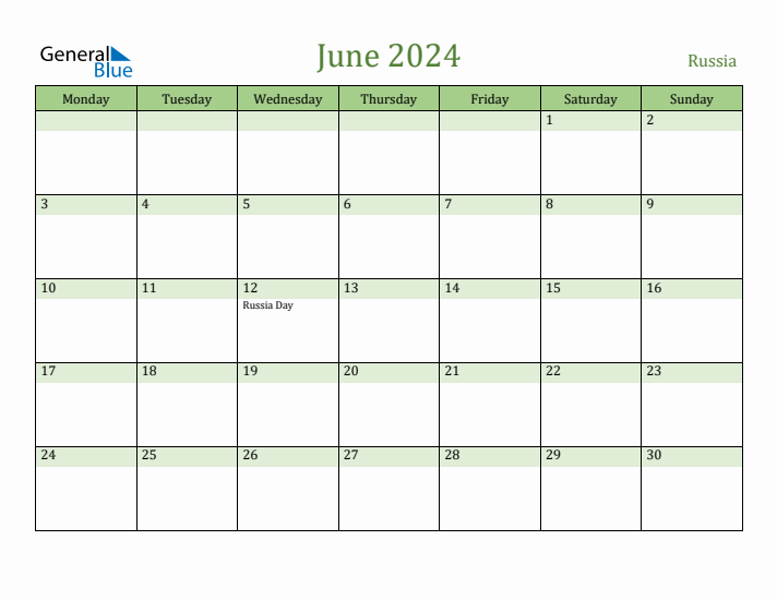 June 2024 Calendar with Russia Holidays