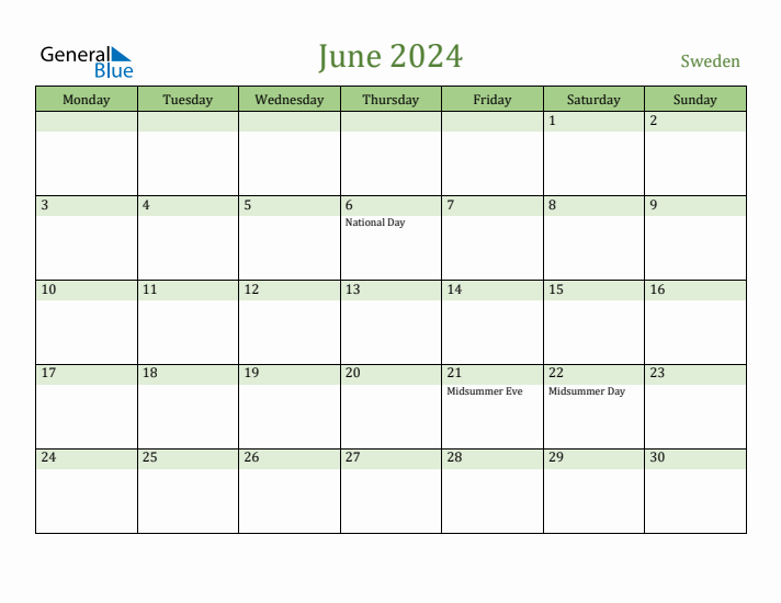 June 2024 Calendar with Sweden Holidays