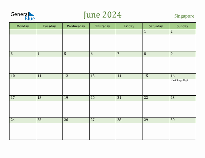June 2024 Calendar with Singapore Holidays