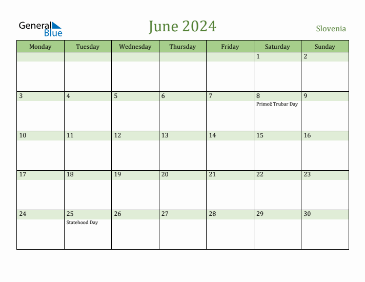 June 2024 Calendar with Slovenia Holidays