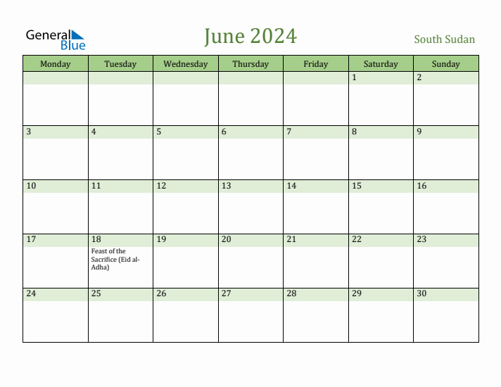 June 2024 Calendar with South Sudan Holidays