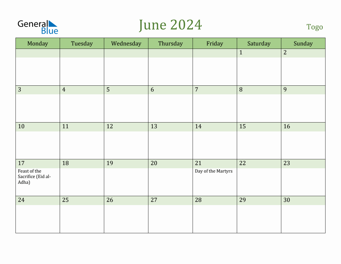 Fillable Holiday Calendar for Togo June 2024