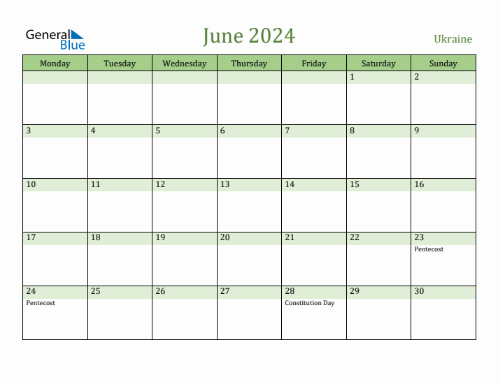 June 2024 Calendar with Ukraine Holidays