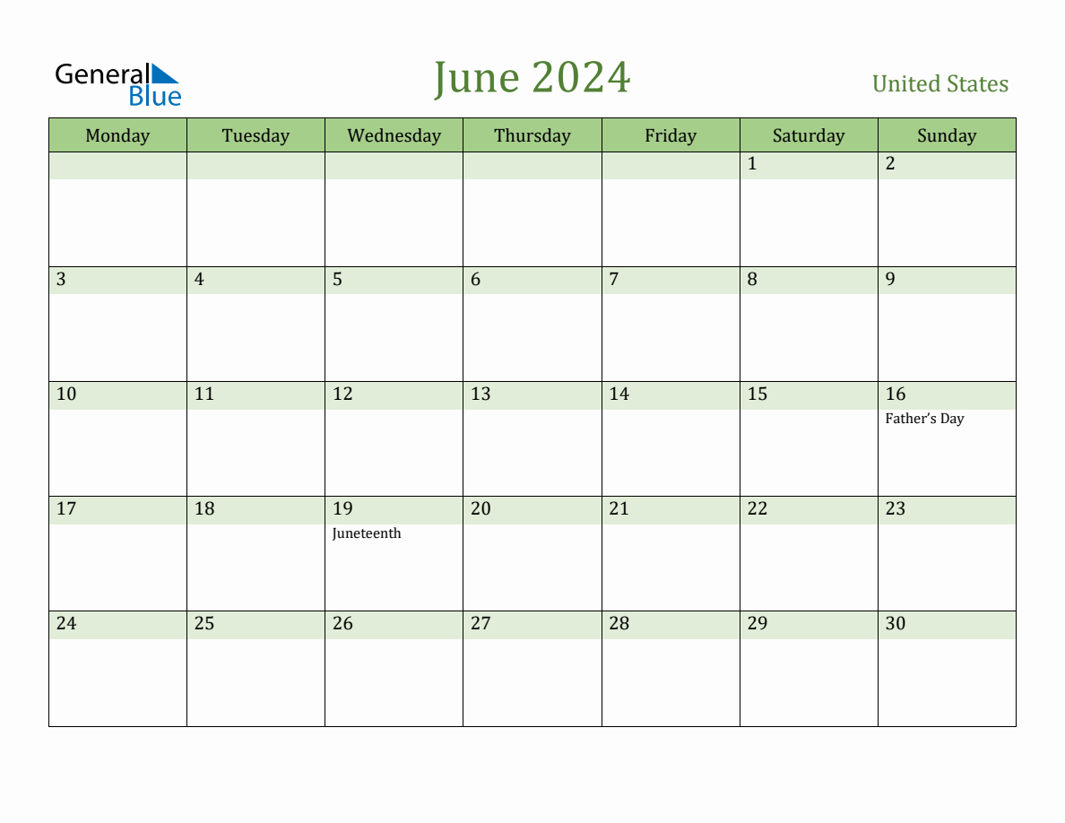 Fillable Holiday Calendar for United States June 2024