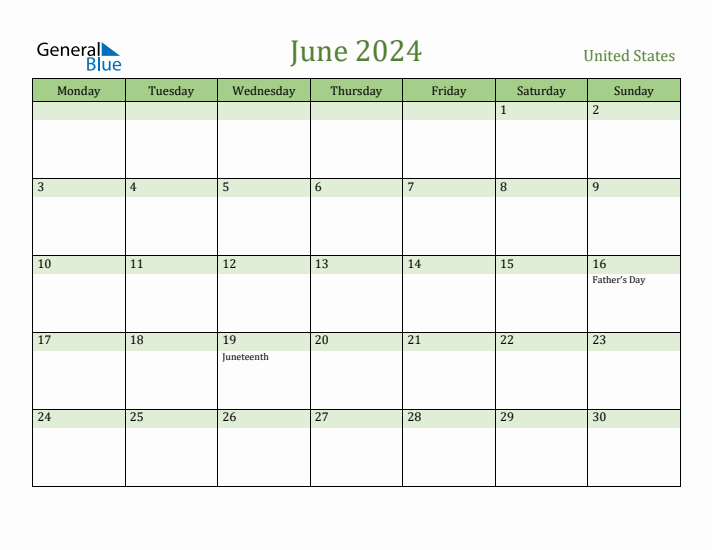 Fillable Holiday Calendar for United States June 2024