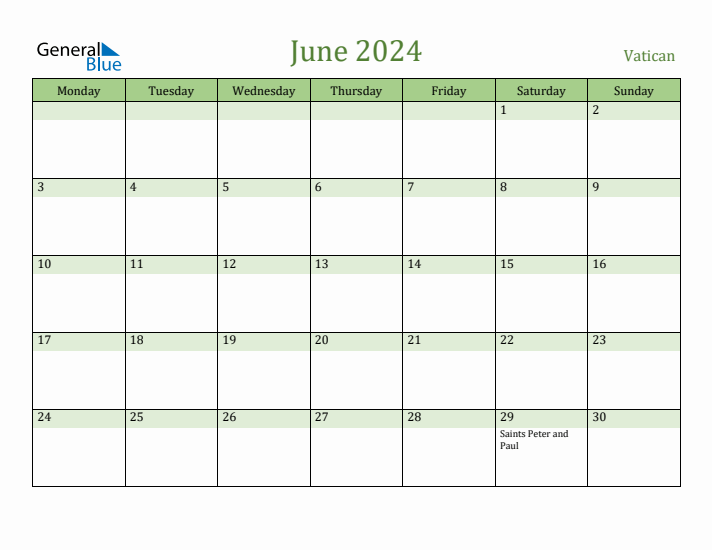 June 2024 Calendar with Vatican Holidays
