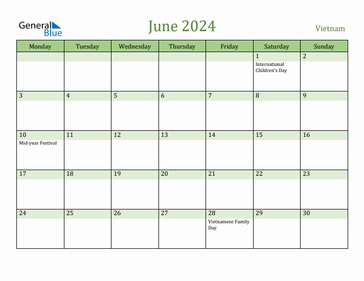 June 2024 Calendar with Vietnam Holidays