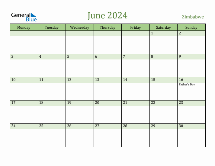 June 2024 Calendar with Zimbabwe Holidays