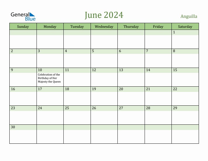 June 2024 Calendar with Anguilla Holidays