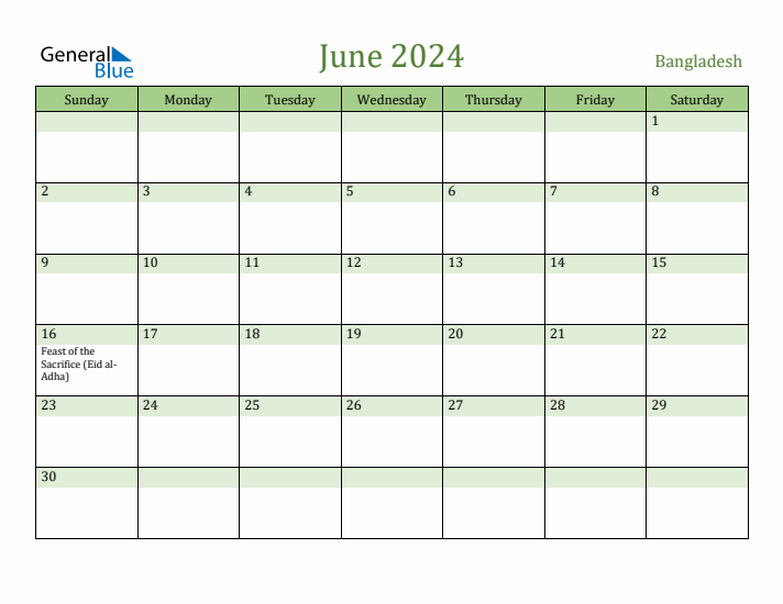 Fillable Holiday Calendar for Bangladesh June 2024