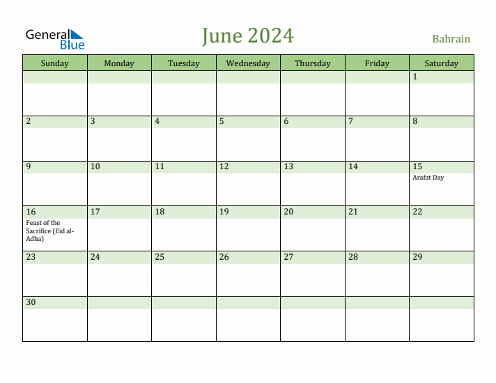 June 2024 Calendar with Bahrain Holidays